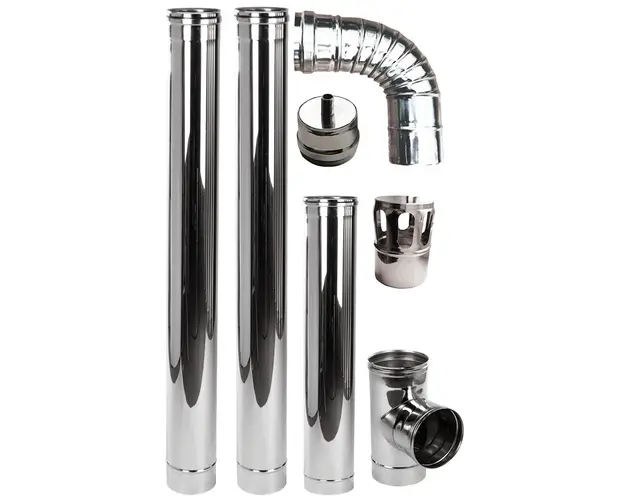 Kit de evacuare (cos de fum) Fornello, INOX, pentru centrale si termoseminee pe peleti, diametru 120 mm, etansare cu garnitura, complet pentru montaj, 2,5 metri lungime
