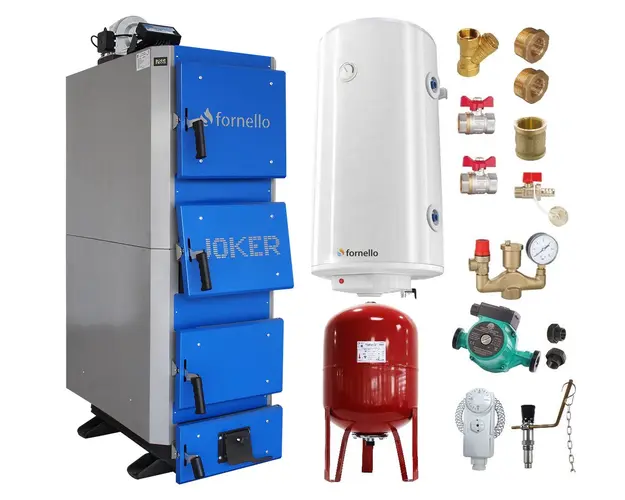 Pachet Cazan (centrala) pe combustibil solid, (lemn, carbune), Fornello Joker 42 kW, Boiler, Vas Expansiune, Pompa, Fitinguri Montaj